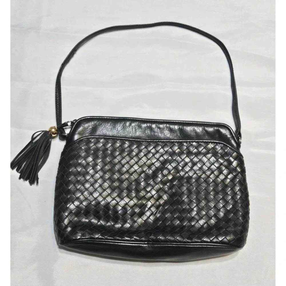 Vtg Ganson Basket Weave Leather Hobo Handbag M Black Lined Purse Shoulder Bag